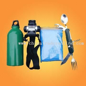 Camping Kit With Aluminum Bottle LED Flashlight Poncho and Hip Pack